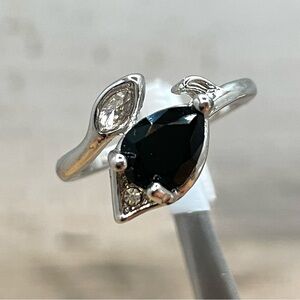 Beautiful Boho Leaf Pear Cut Black Onyx Diamond CZ Silver Plated Ring